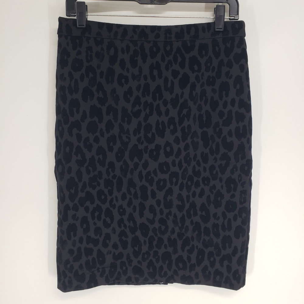 Ann Taylor Flocked Velvet Leopard Print Pencil Skirt Womens 8 Black Animal Print